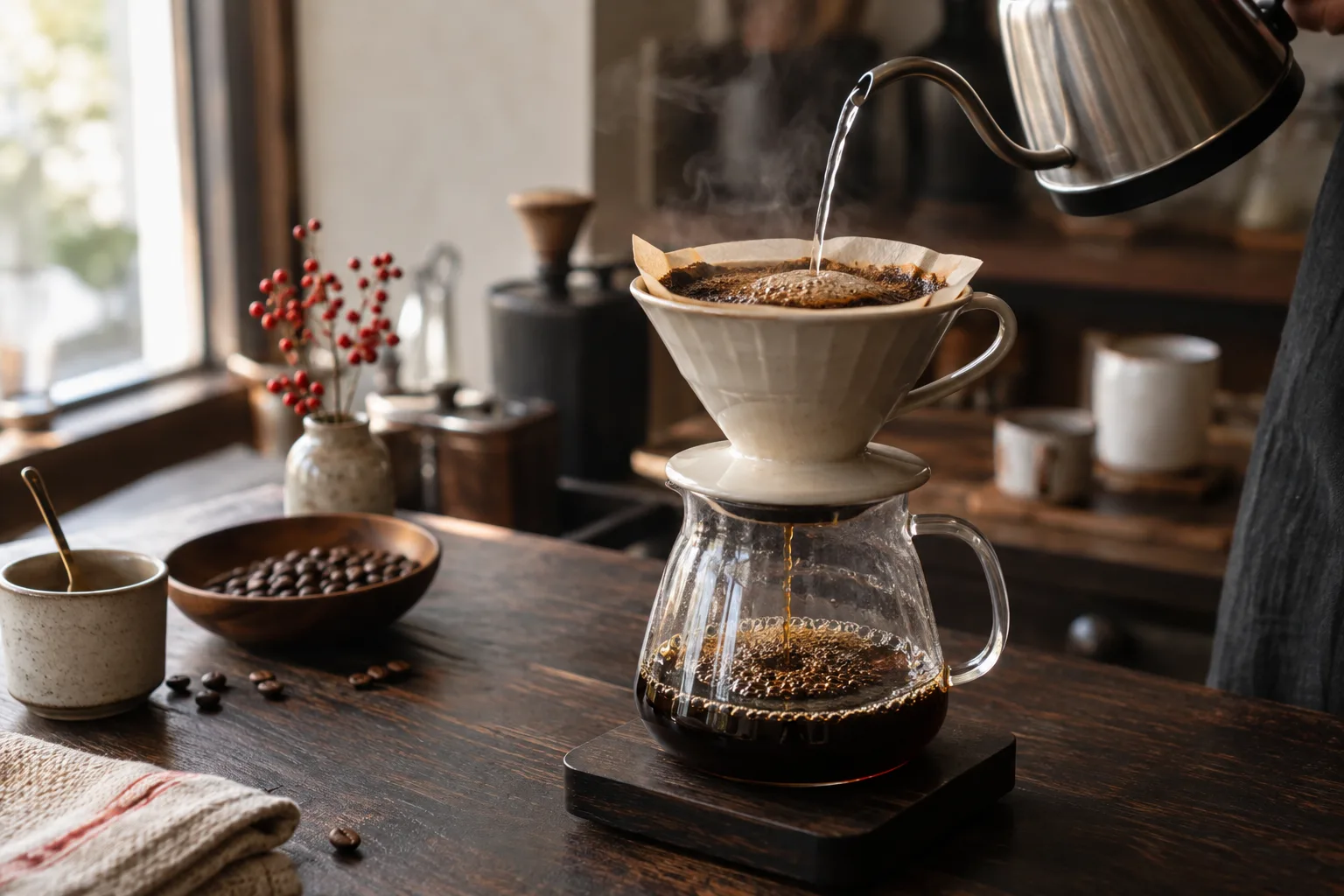 Pour over coffee brewing in a ceramic dripper over a glass server
