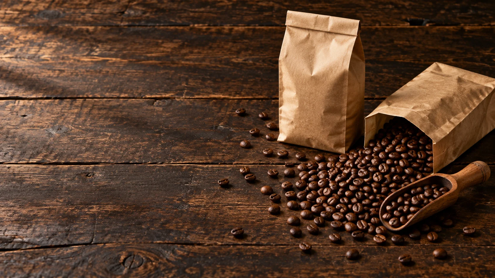 Coffee beans spilling from paper bags onto an old wooden table beside a wooden scoop