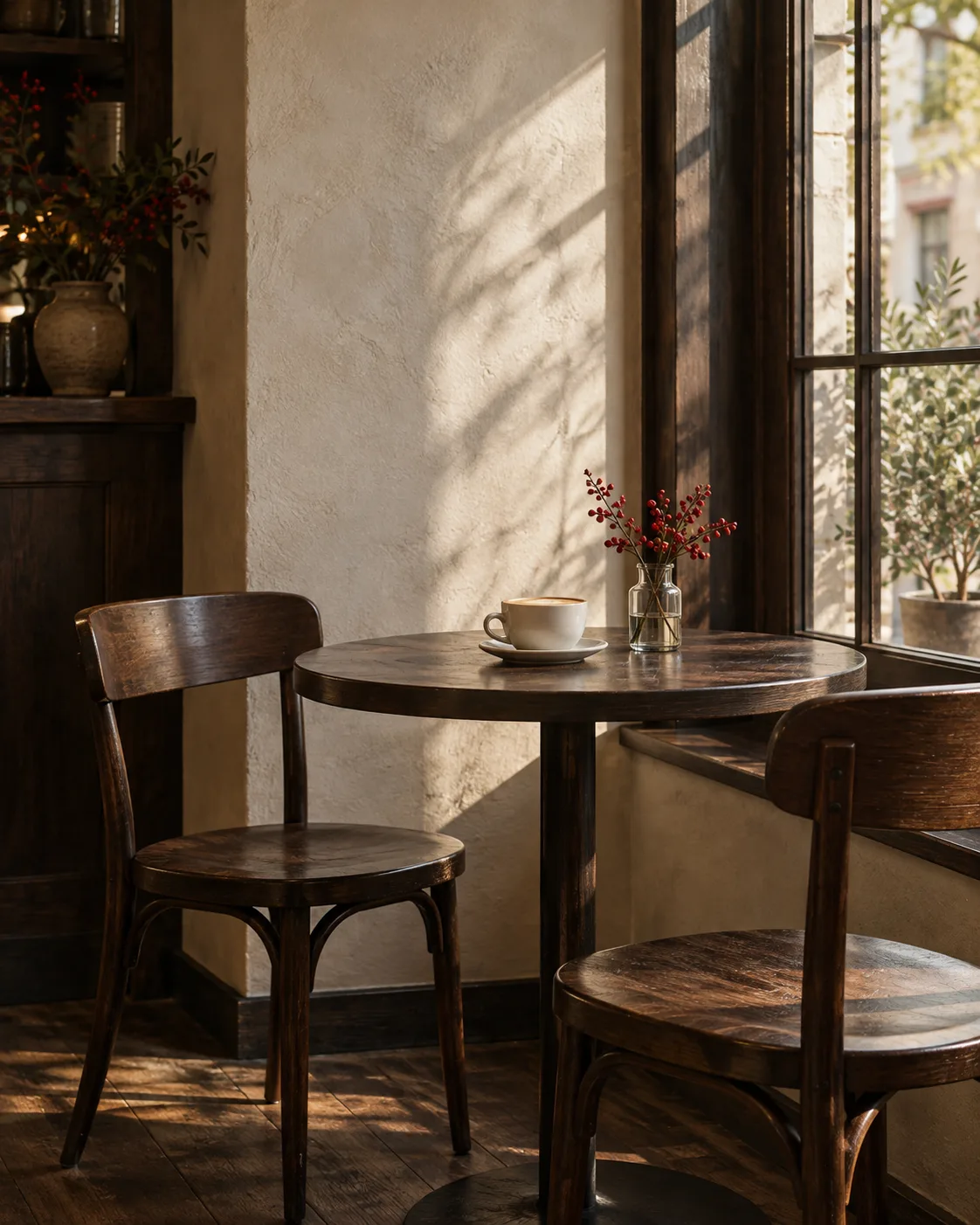 Quiet café corner with wooden chairs and a cup beside the window