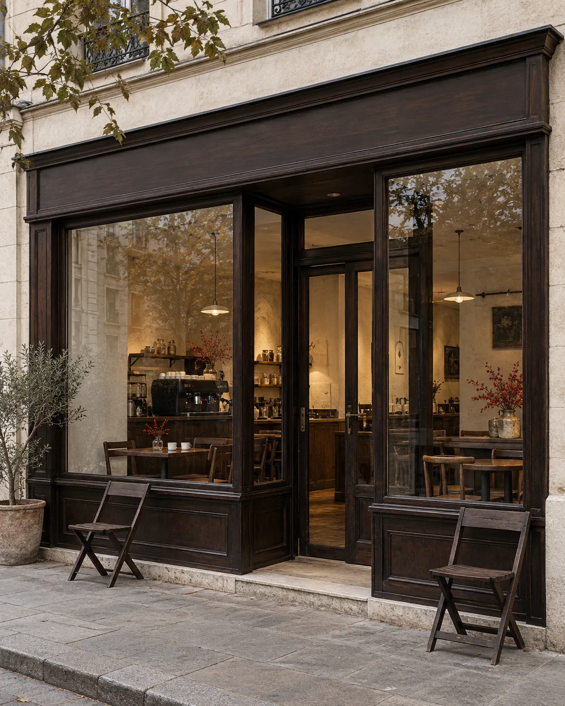 Dark timber café frontage with tall windows and pavement chairs