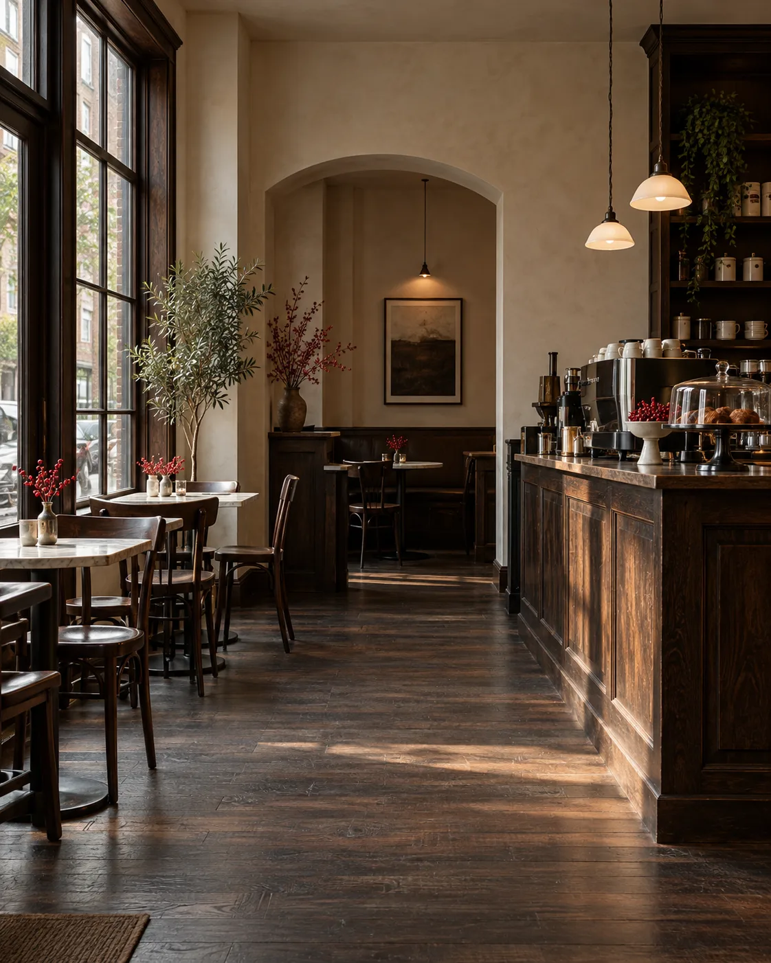 Café interior with cream walls, a dark wooden counter and window-side tables