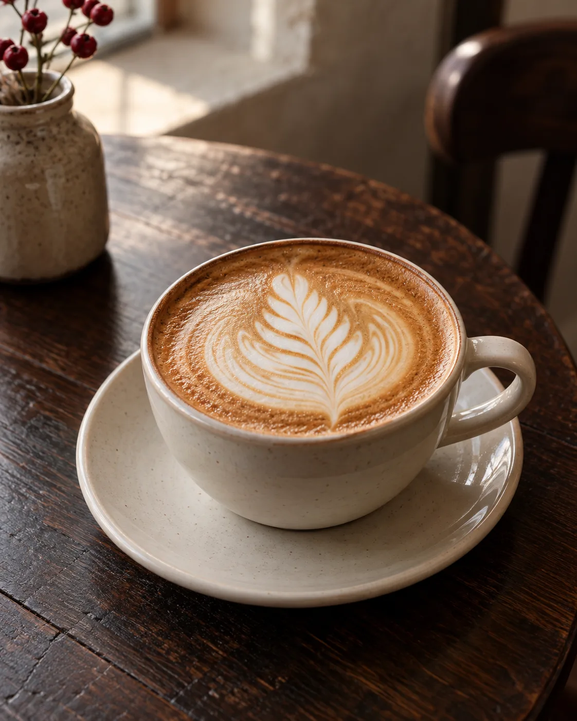 Rosetta latte in a cream ceramic cup on a dark wooden table