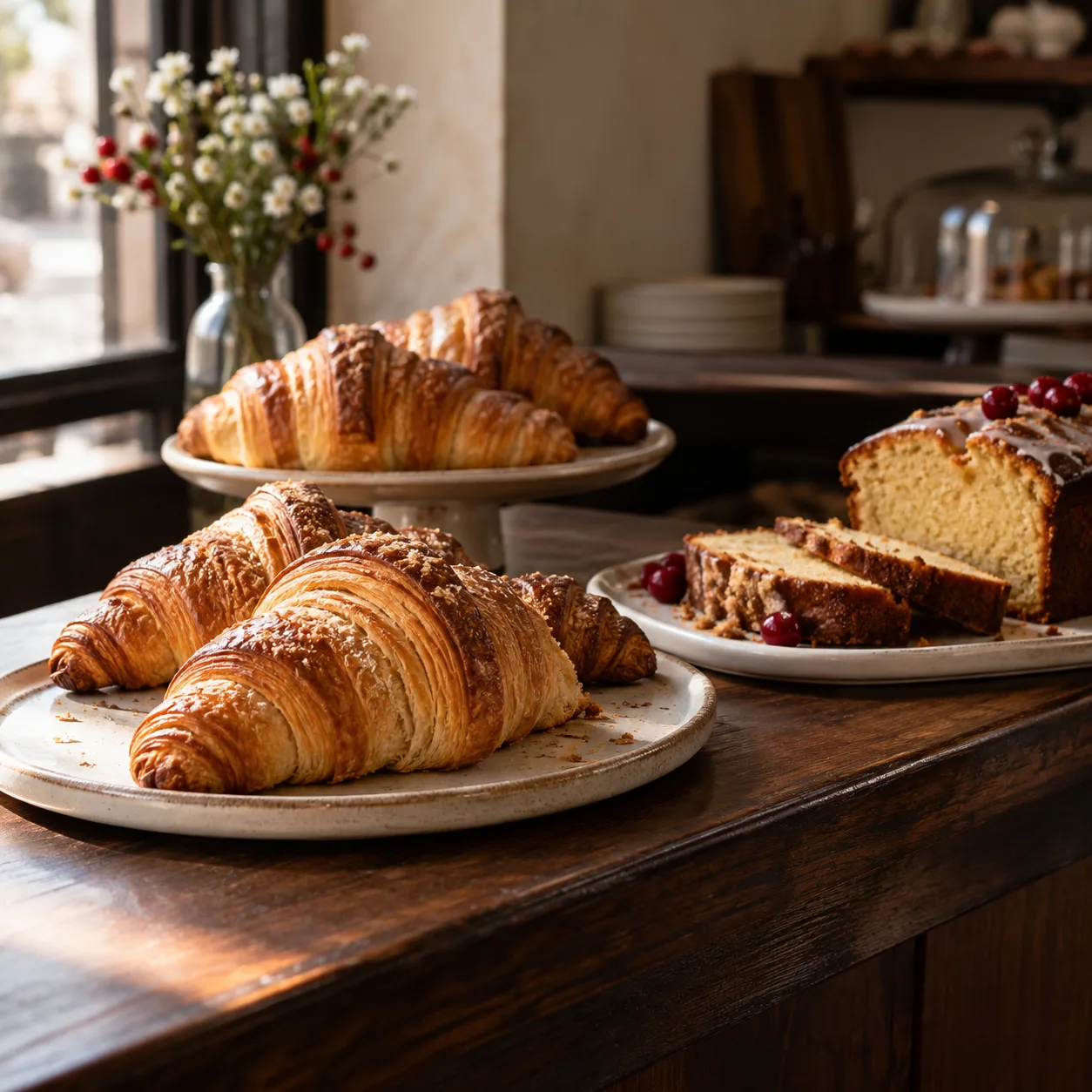 Croissants and loaf cake on cream plates at the café counter